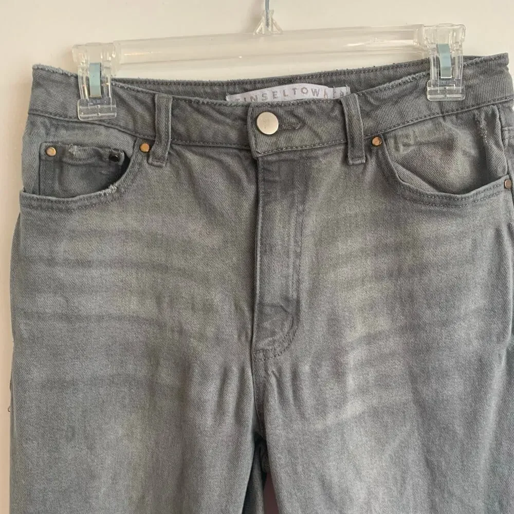Tinseltown Women’s Gray Distressed Jeans – Size 9 – High‑Rise + Ripped Knees